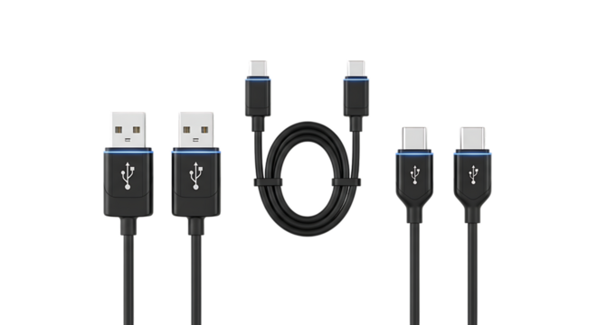 Assortment of modern usb charging and data transfer cables isolated on transparent background