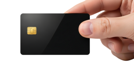 Hand holding blank black credit card with chip close up isolated on transparent background