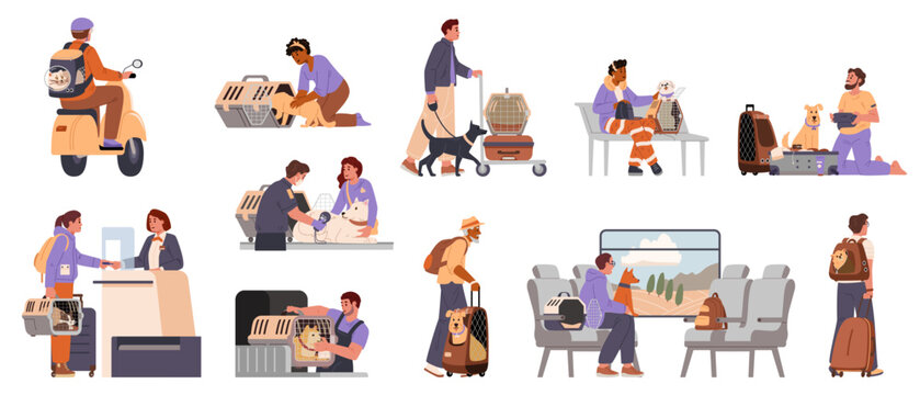 People traveling with pets flat vector illustrations set. Diverse people with cat and dog in carriers, backpacks, cages travelling by plane, train, scooter.