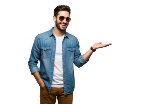 Man in denim shirt and sunglasses presenting something isolated on transparent background