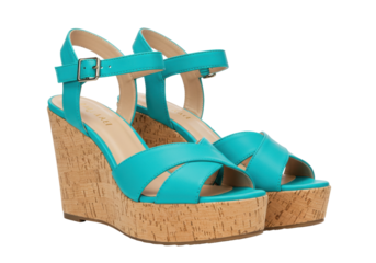 Isolated wedges fashion, women's teal sandals with cork heels for spring or summer style