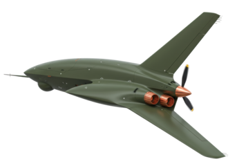 Isolated olive green airplane with engine propeller, creative studio shot of military drone
