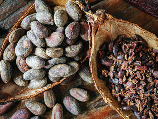Close-up of brown cocoa beans and cocoa nibs with dry cacao pod