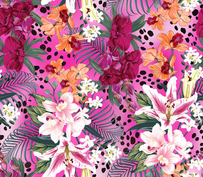 patr&oacute;n floral tropical fondo rosa