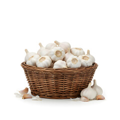 Woven basket overflowing with fresh garlic bulbs on white background head herb