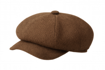 Brown newsboy cap displaying a classic vintage style and wool texture. Fashion accessory on transparent background
