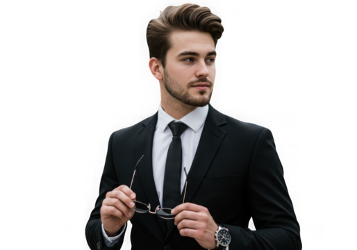 Stylish businessman holding glasses isolated on transparent background