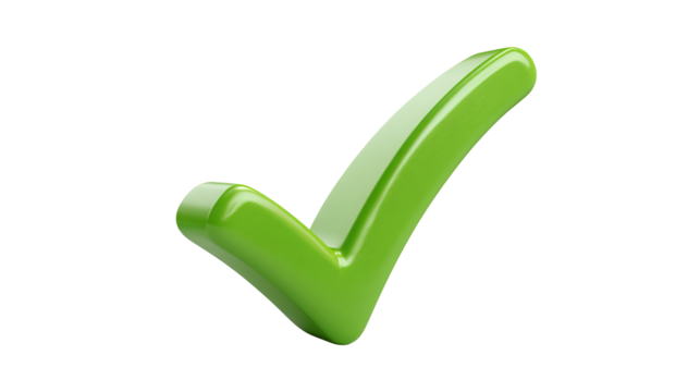 Green checkmark with brush stroke texture, hand-drawn style approval symbol with artistic flair, isolated on a transparent background