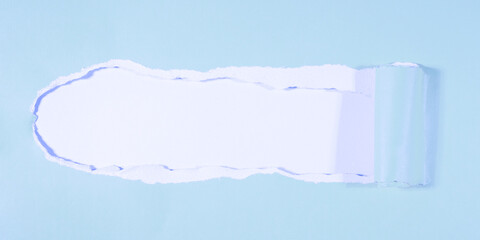 Greeting card, festive abstract texture postcard frame template - Torn paper hole in yellow paper with curled rolled edges, pastel blue empty background