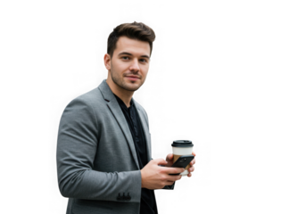 Man in gray blazer holding a coffee cup isolated on transparent background