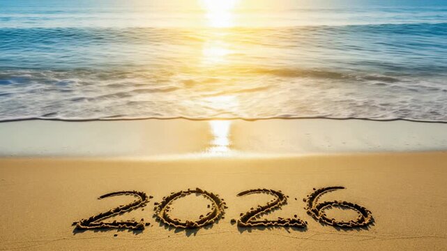 New Year 2026 written in sand on a beach, with gentle waves lapping at the shore, capturing the essence of celebration and new beginnings in a serene coastal setting