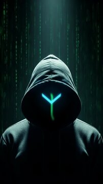 Mysterious figure in dark hoodie sits at computer, illuminated by green binary code, creating an atmosphere of secrecy and intrigue in the digital world of hacking and cybersecurity