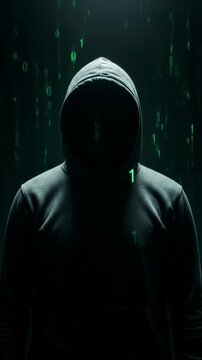 Mysterious figure in dark hoodie sits at computer, illuminated by green binary code, creating an atmosphere of secrecy and intrigue in the digital world of hacking and cybersecurity