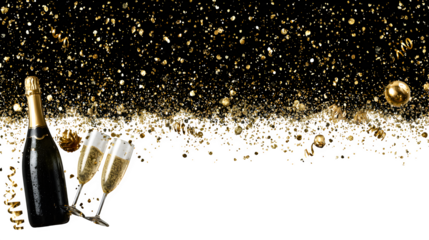 Champagne pouring into a glass with a close-up of the bottle, featuring gold bubbles, splash, and light on a grunge backdrop