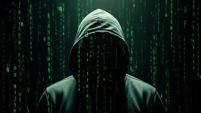 Mysterious figure in dark hoodie sits at computer, illuminated by green binary code, creating an atmosphere of secrecy and intrigue in the digital world of hacking and cybersecurity