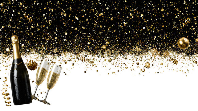 Champagne pouring into a glass with a close-up of the bottle, featuring gold bubbles, splash, and light on a grunge backdrop