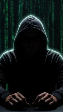 Mysterious figure in dark hoodie sits at computer, illuminated by green binary code, creating an atmosphere of secrecy and intrigue in the digital world of hacking and cybersecurity