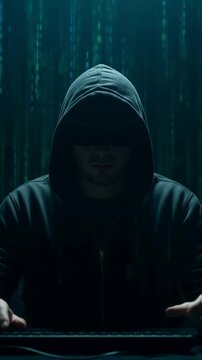 Mysterious figure in dark hoodie sits at computer, illuminated by green binary code, creating an atmosphere of secrecy and intrigue in the digital world of hacking and cybersecurity
