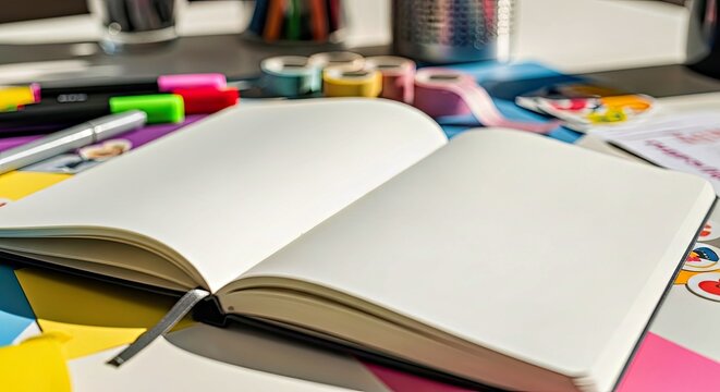 Bright Blank Planner Pages Mockup on a Colorful Desk with Stationery Items