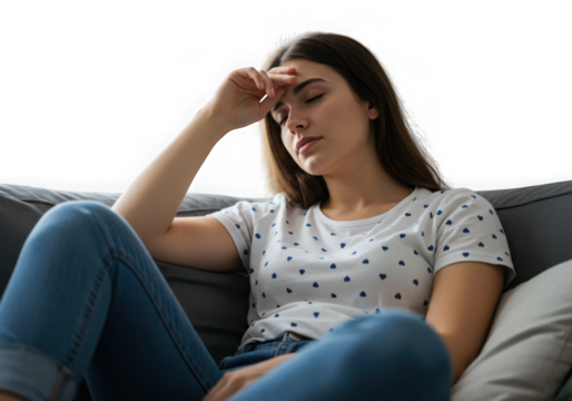 Young woman experiencing stress and headache isolated on transparent background - Powered by Adobe