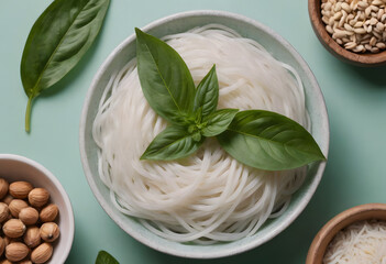 Funchoza salad with fresh leaf on a plate top view web banner