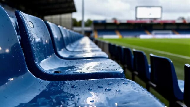 A close-up view of wet blue plastic seats in an empty stadium after the rain, with the football field in the background, representing a postponed game or the concept of off-season