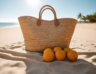 Straw hat, sunglasses, towel, bag on beach sand background. Summer vacation concept