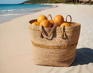 Straw hat, sunglasses, towel, bag on beach sand background. Summer vacation concept
