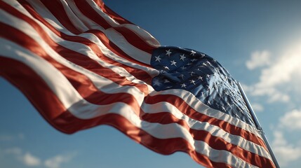 The American flag waves in the breeze, its stars and stripes clearly visible against the sky. Sunlight illuminates the American flag as the flag moves gently with the wind.