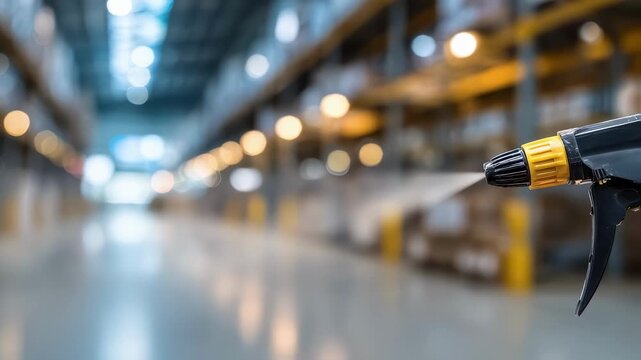 Close medium shot of industrial chemical sprayer releasing cleaning solution with perfect focus on the spray trigger and blurred warehouse backdrop.