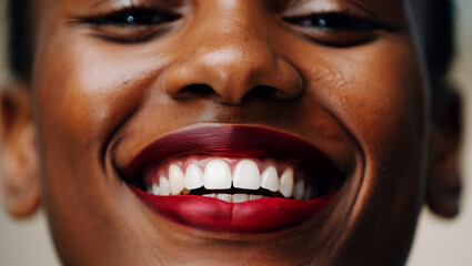 Fototapeta premium Close up of a woman's joyful expression with dark red lipstick face smile