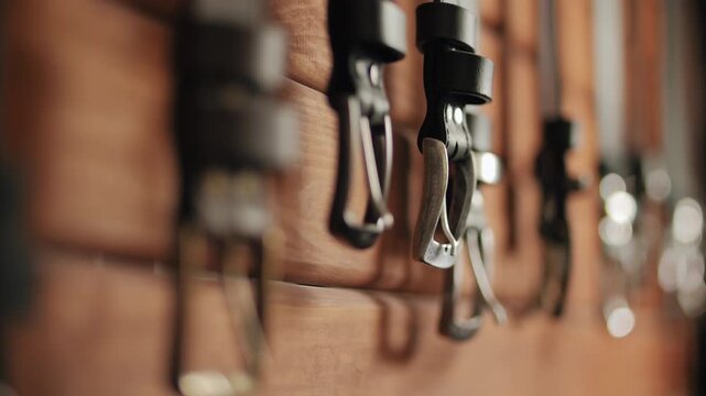 Leather belts hanging on wooden wall in artisan workshop