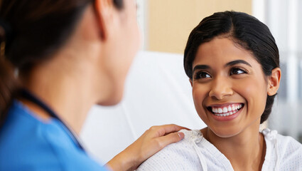 Fototapeta premium Smiling woman patient talking with healthcare professional doctor nurse