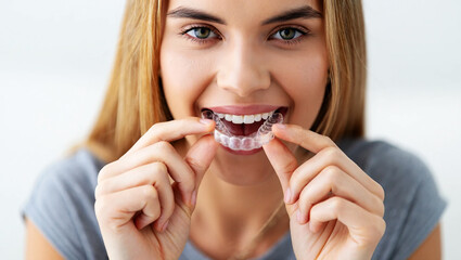 Woman holding clear aligners for teeth straightening image