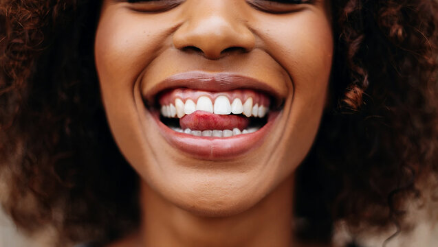 Woman showing white teeth and red tongue mouth lips