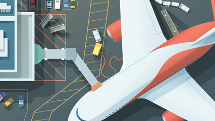 Passenger airplane boarding at an airport gate