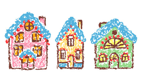 Christmas funny space area with cute houses. Crayon, pastel chalk or pencil like kids hand drawn sketch doodle style. Holiday gingerbread house or hut. Cartoon flat scribble sketch art scene vector