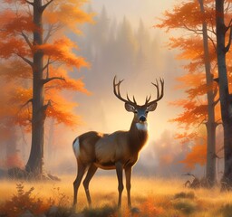 Obraz premium Majestic deer standing in an open autumn meadow, colorful trees in the background