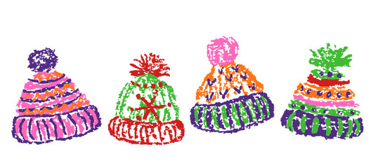 Christmas funny cute colorful winter woolen knitted pom-pom beanie hat set. Crayon, pastel chalk or pencil like kids hand drawing naive style. Cartoon bright childlike doodle flat vector bobble hat 