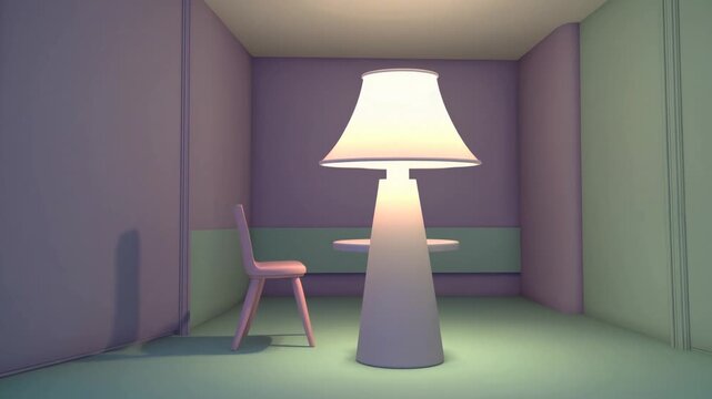 Lampe g&eacute;ante dans une pi&egrave;ce vide pastel violette et verte