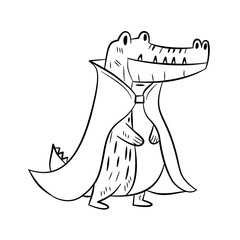 Funny Crocodile Vampire in Cloak – Halloween Cartoon Line Drawing