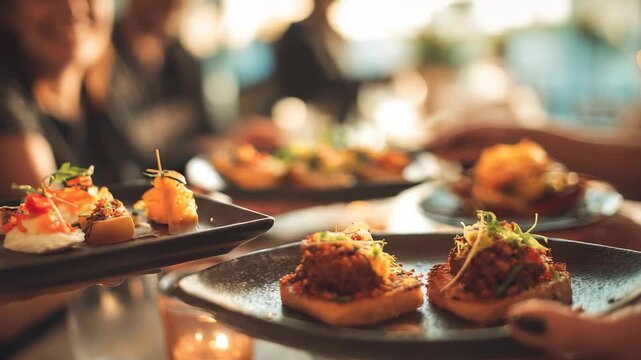 Gourmet appetizers served on elegant plates at a stylish restaurant, with a blurred background of people enjoying a social dining experience. Warm lighting enhances the inviting atmosphere