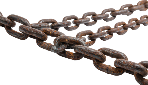 Close-up of weathered, rusty metal chains against a black background
