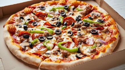 A delicious pizza topped with pepperoni, green peppers, olives, mushrooms, and cheese, served in a cardboard box.