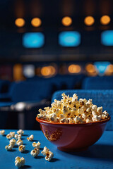 A red bowl filled with fresh popcorn on a blue table in a dimly lit cinema hall with blurred seats and bokeh lights