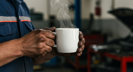 Mechanic holding steaming coffee mug in garage workshop, break time relaxation and detail focus