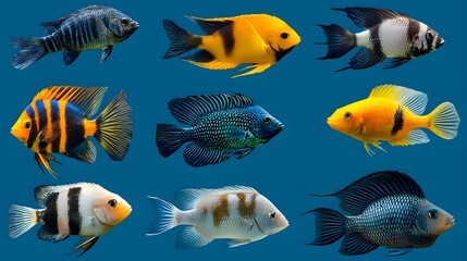 Fototapeta premium Colorful Tropical Fish Swimming in Aquatic Blue Background Display