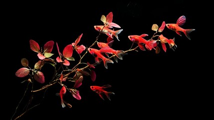 Colorful Goldfish Swimming Among Red Leaves in Dark Background