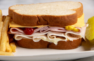 turkey and ham sandwich  with fries,