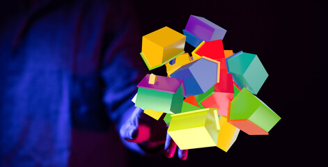 A captivating visual showcasing a hand supporting vibrant geometric houses. An abstract concept for real estate and community.